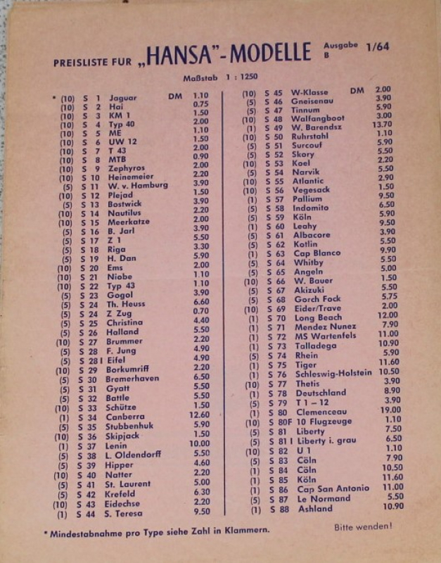 1/64 Price list (1 p.)  Hansa Schowanek Shipmodels 1:1250